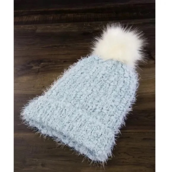 Light Blue Eyelash Knit Faux Fur Pom Pom Beanie - Picture 4 of 6